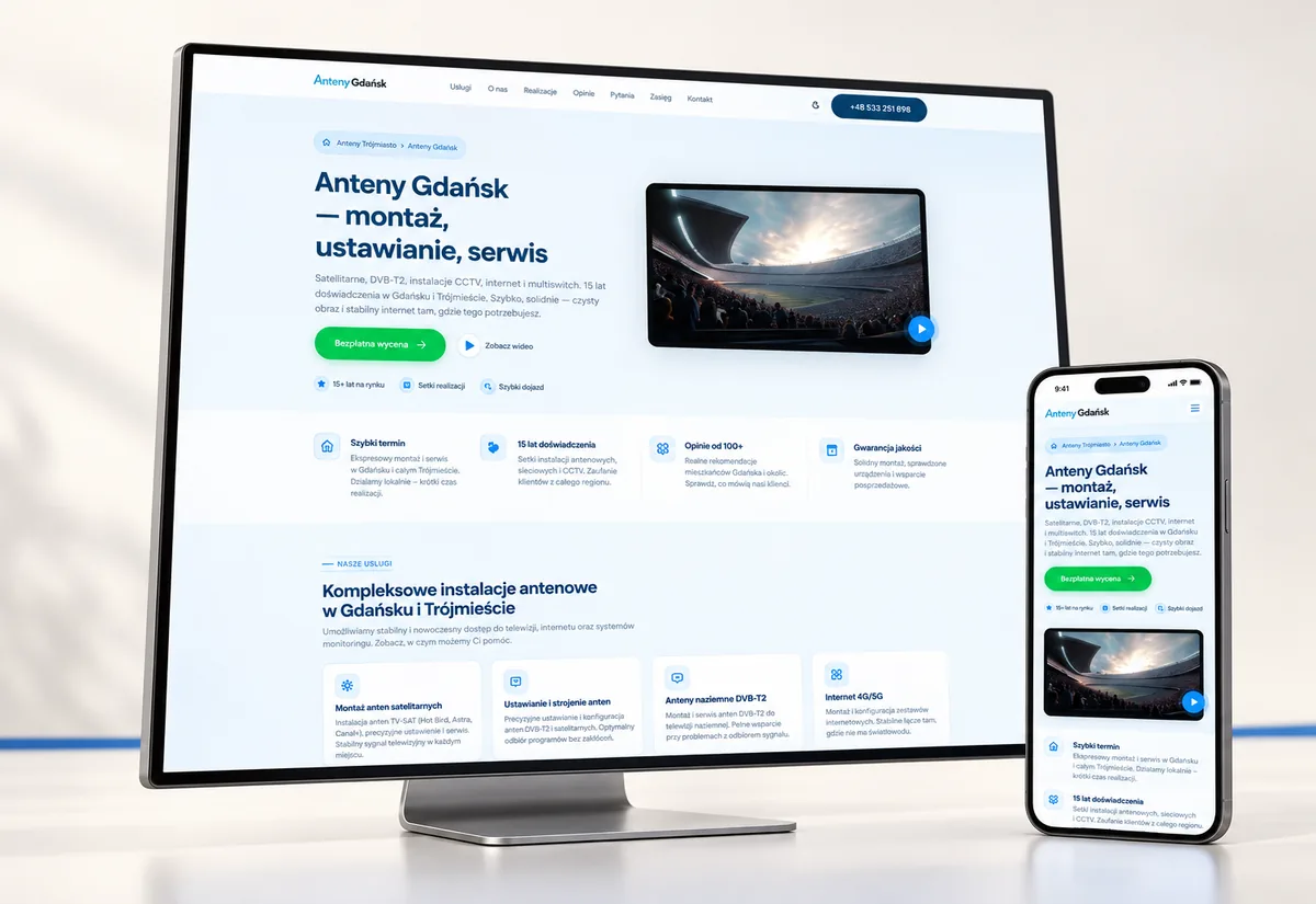 Mockup strony internetowej Anteny Gdańsk na monitorze i telefonie